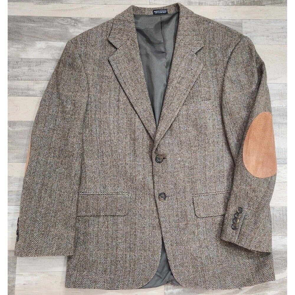 VTG Oscar de la Renta 38S Herringbone Tweed Blazer Lambswool Merino Suede Elbow